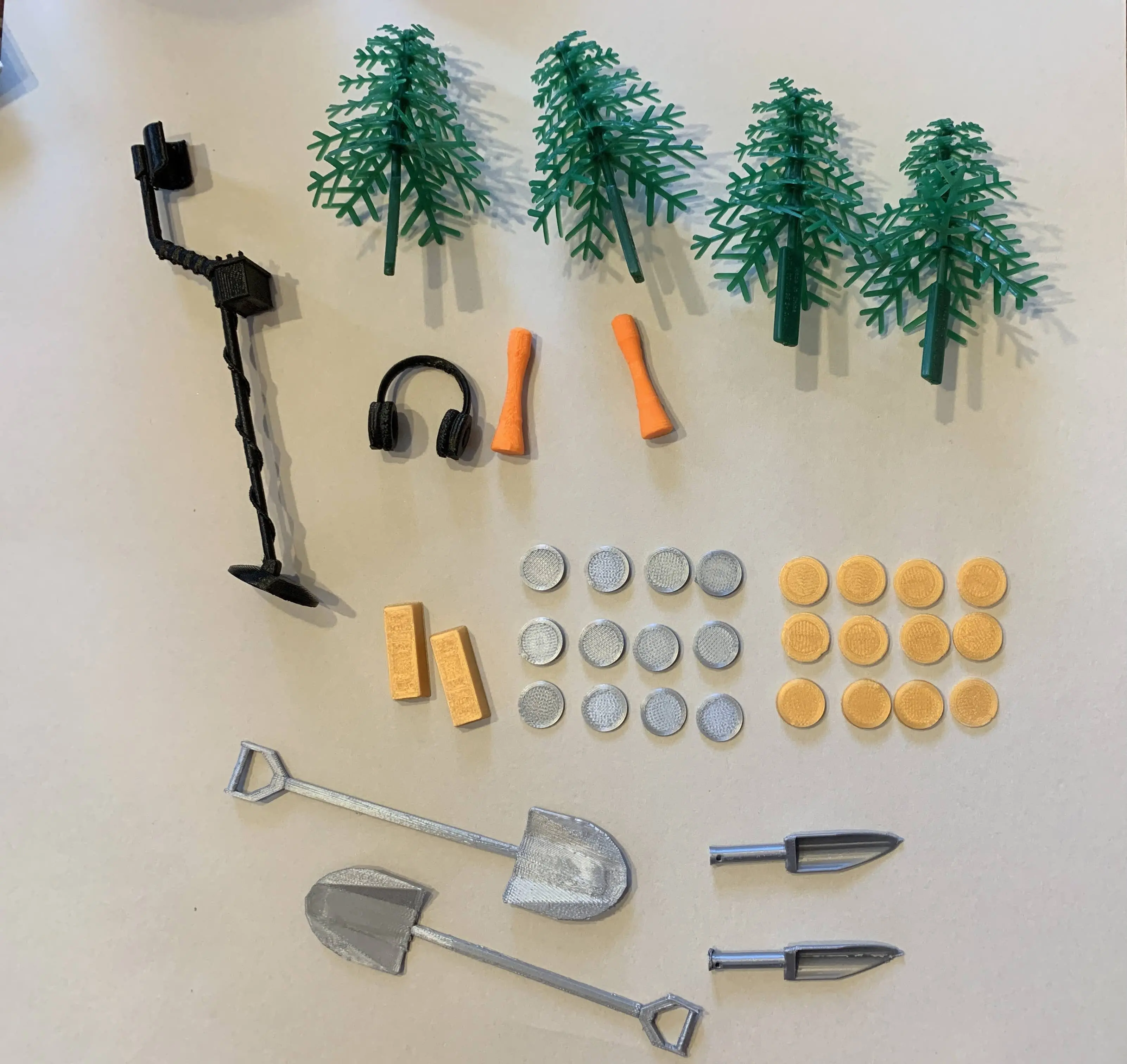 Metal Detecting Themed Cake Decorating Kit - 3D Printed - Includes Metal Detector, Shovels, Headphones, Pinpointer, Gold & Silver Coins + Topper Decoration