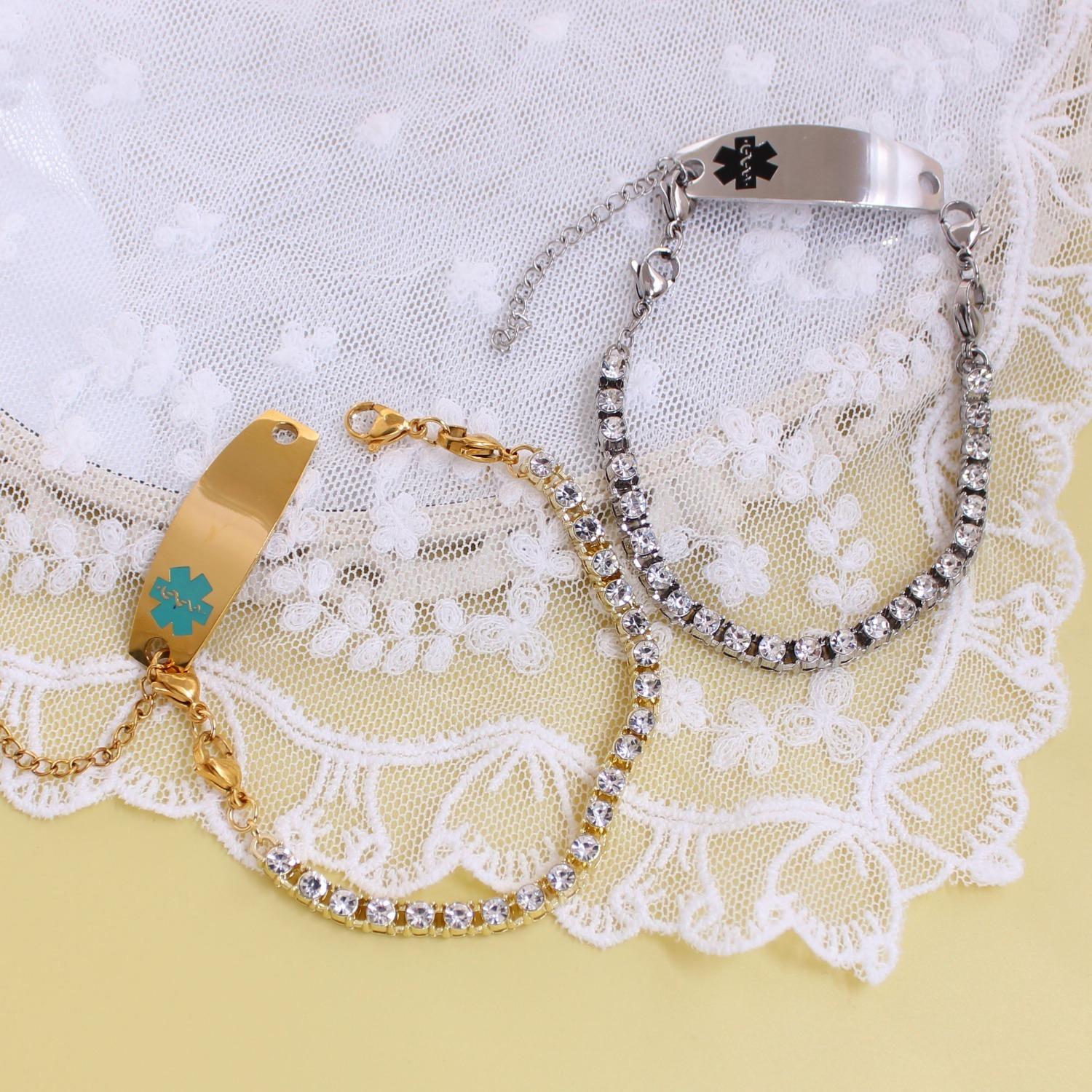 Uloveido Customizable QR Code Medical Alert Tennis Bracelet, Silver and Gold Color Options, Personalized Engraved Health ID Jewelry, Scannable Emergency Contact Wristband for Women