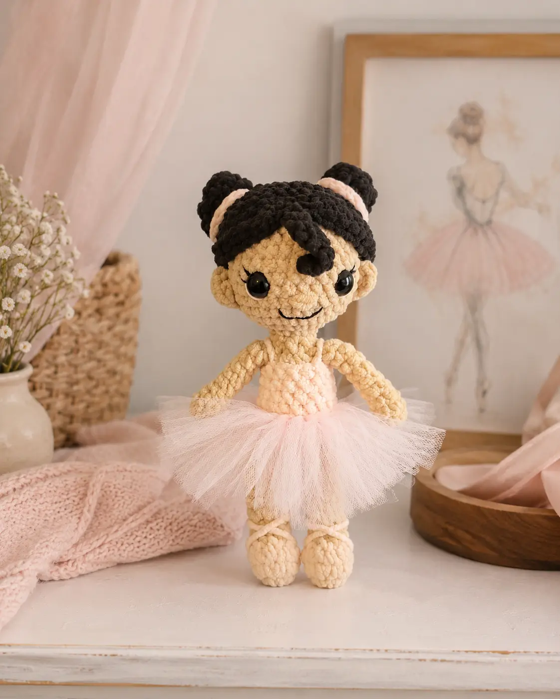 Crochet Bliss by V Handmade Ballerina Crochet Plush, Small Soft Stuffed Doll with Pink Tulle Tutu, Ballet Slippers & Double Bun Hairstyle, Gift & Room Decor