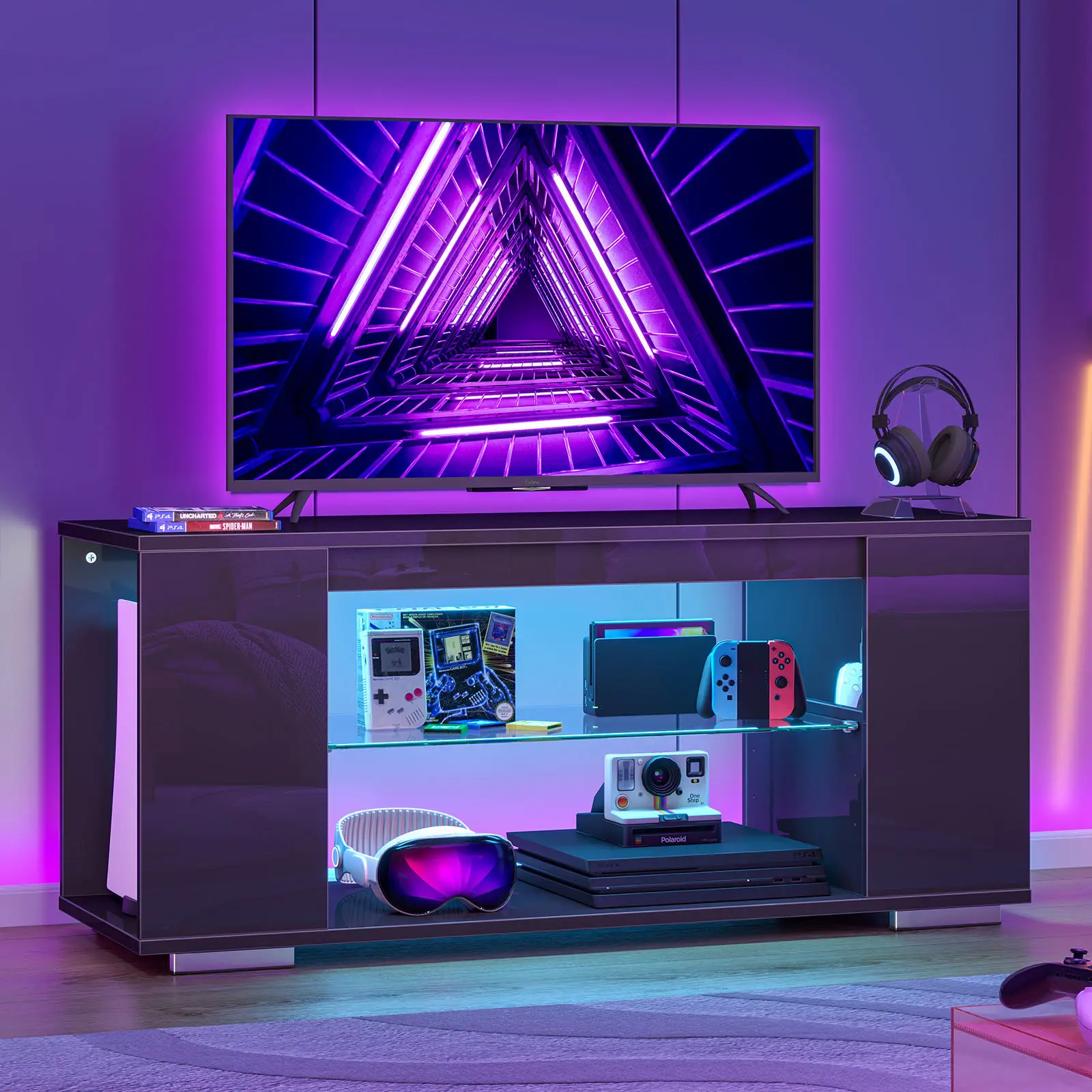 Pinmoco 47'' TV Stand for TVs up to 55", Gaming Entertainment Center with LED Lights