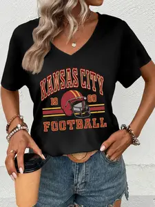 Women's Kansas City Football V Neck Vintage Tee, Casual Loose Fashion Graphic Short Sleeve T-shirt for Daily Wear, Ladies Clothes for All Seasons, Top