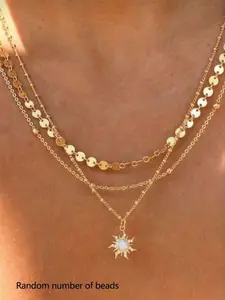 3pcs Delicate Sun Pendant Necklace Set With Disc & Beaded Chain, Multi-Layer Wearable Necklace For Women, Daily Fashion Jewelry, Fashionable Accessory, Summer Style Jewelry (Bead Quantity Random)