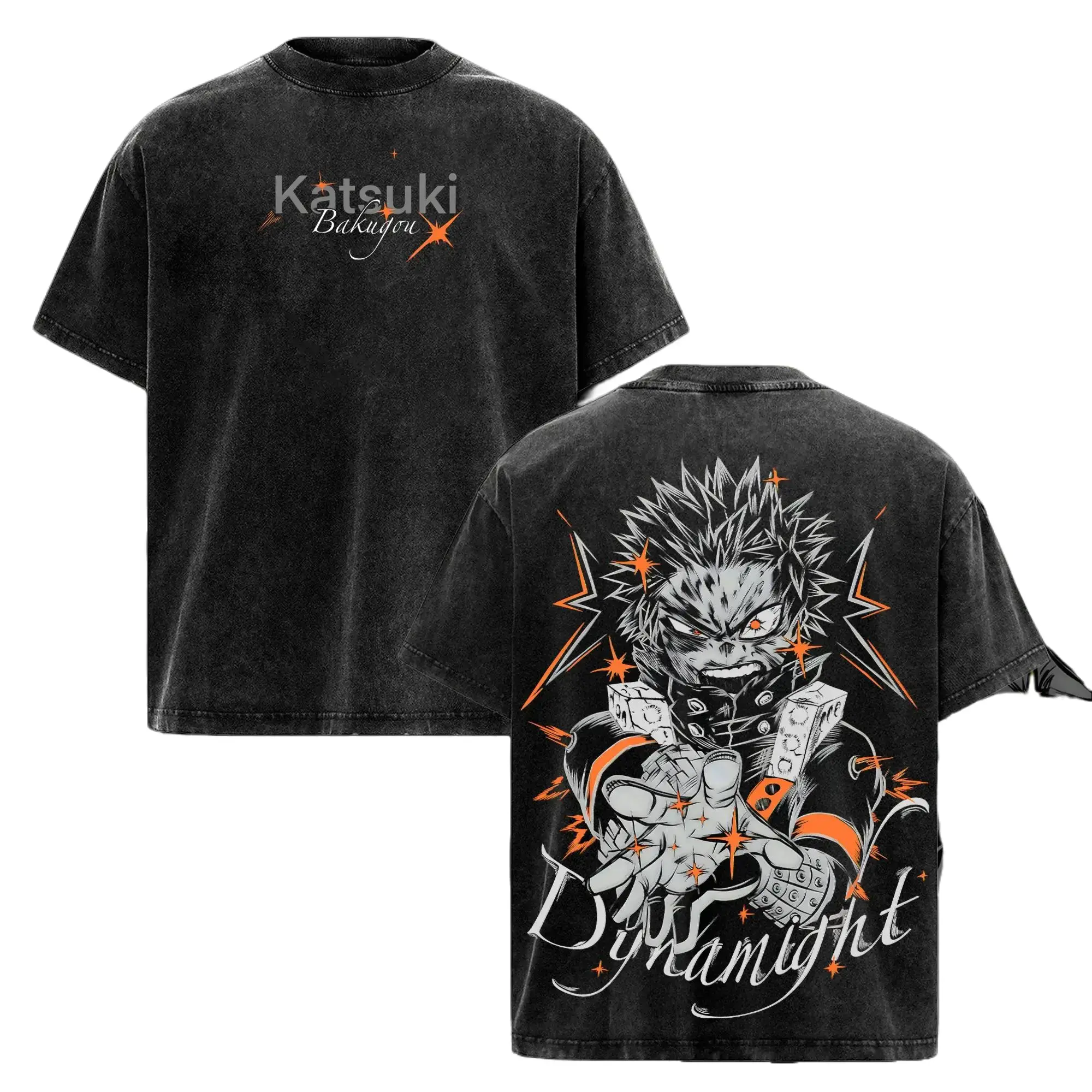 Menswear Men's Round Neck Short-Sleeve Vintage Washed Oversized Katsuki Bakugo T-Shirt - My Hero Academia Dynamight Explosion Hero Manga Graphic Tee, Casual Streetwear Gift for MHA Fans