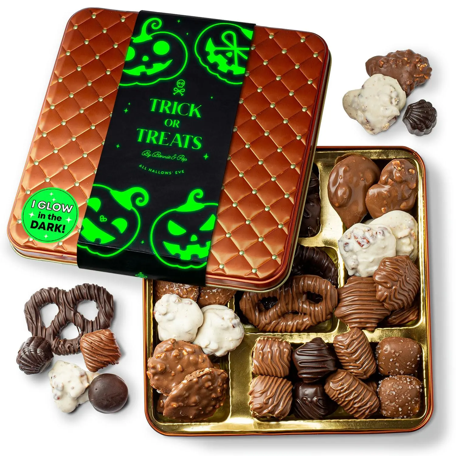 Bonnie & Pop Halloween Assorted Sweet-Salty Chocolate Gift Basket, 30 Pieces, with Glow-in-the-Dark Candy Tin