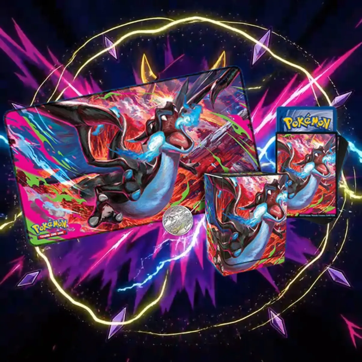 Pokémon Charizard Mega Ultra Premium Combo Set - Card Deck Box, Deck Box TCG, Card Sleeve Protectors, Playmat, Accessories for Gamers