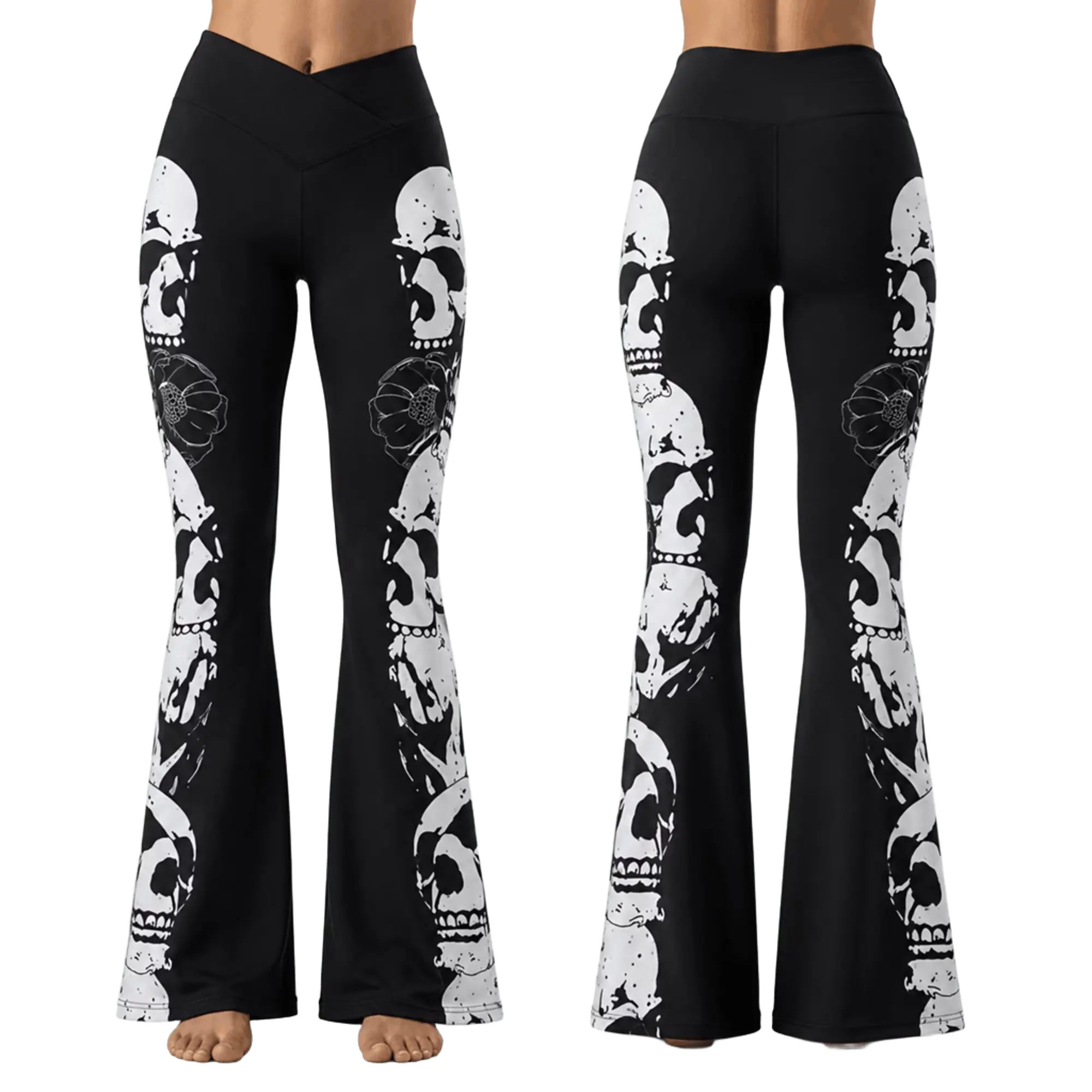 Gothic Skull Rose Standard & Flare Leggings - Black High Waisted Stretch Pants, Punk Floral Full Length Tights, Halloween Alternative Fashion Activewear