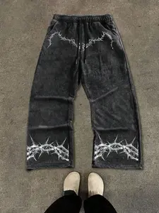 Men's Casual Sports Long Pants, Casual Streetwear Trousers with Thorn Pattern Print, Loose-Fitting Drawstring Wide-Leg Cotton Trousers for All Seasons