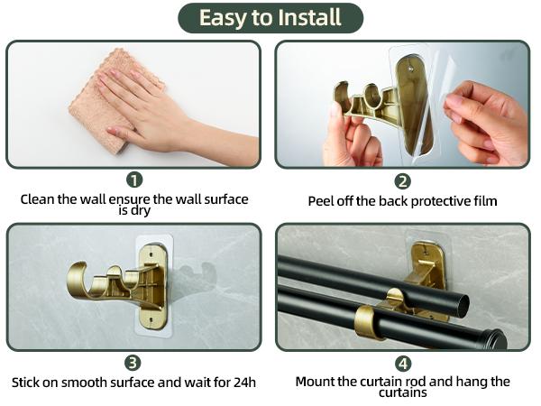 6-Pack No-Drill Double Curtain Rod Brackets, Self-Adhesive Nail-Free Rod Holders, Easy Install Interior Decoration Accessories for Bathroom, Renter-Friendly College Dorm Essentials, Back to School, Curtain Rod Holders