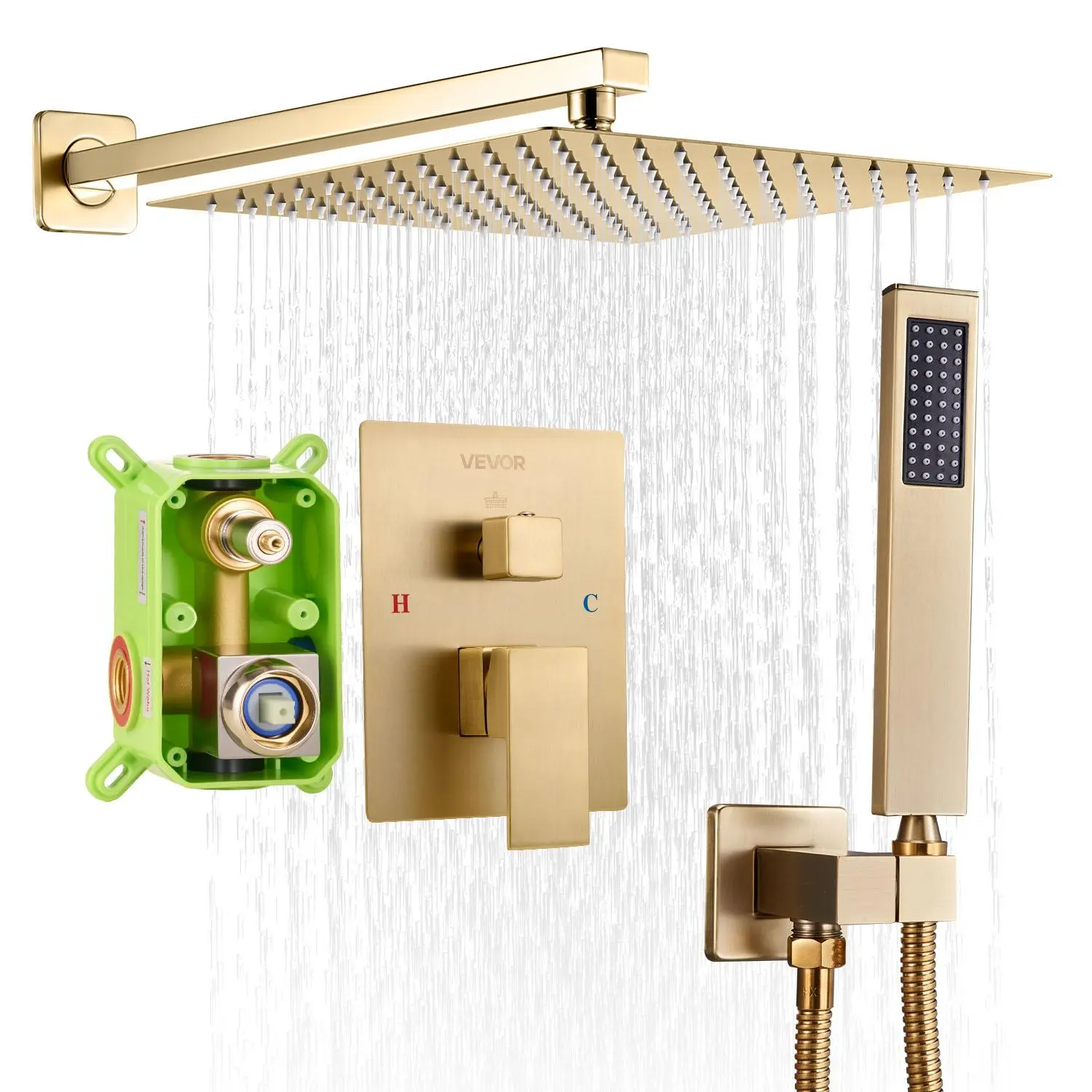 【summerfinds】VEVOR Shower Faucet Set, Rainfall Bathroom Shower System with 12-Inch Square Rain Shower Head and Handheld Spray, Wall Mounted Bath Fixtures with Brass Valve and Trim Kit, Brushed Gold