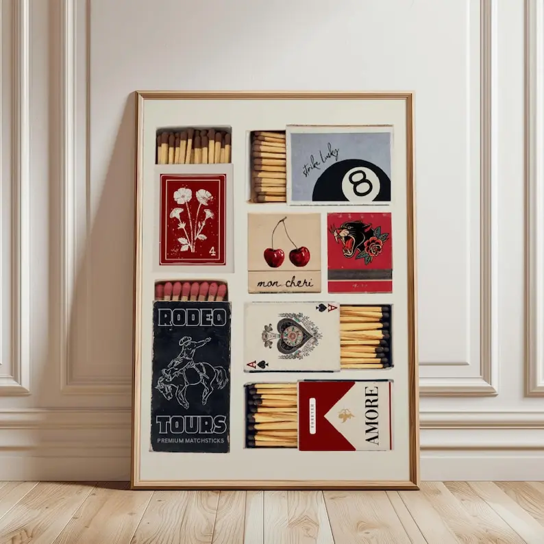 Vintage Matchbox Print, Trendy Matches Poster, Retro Matchbook Wall Art.