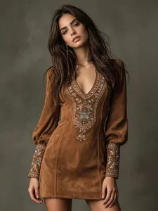 A women's stylish new brown printed V-neck lantern sleeve short dress, suitable for summer, daily commuting, dates, retro style outfit, Bohemian Dress, Boho Casual Dress