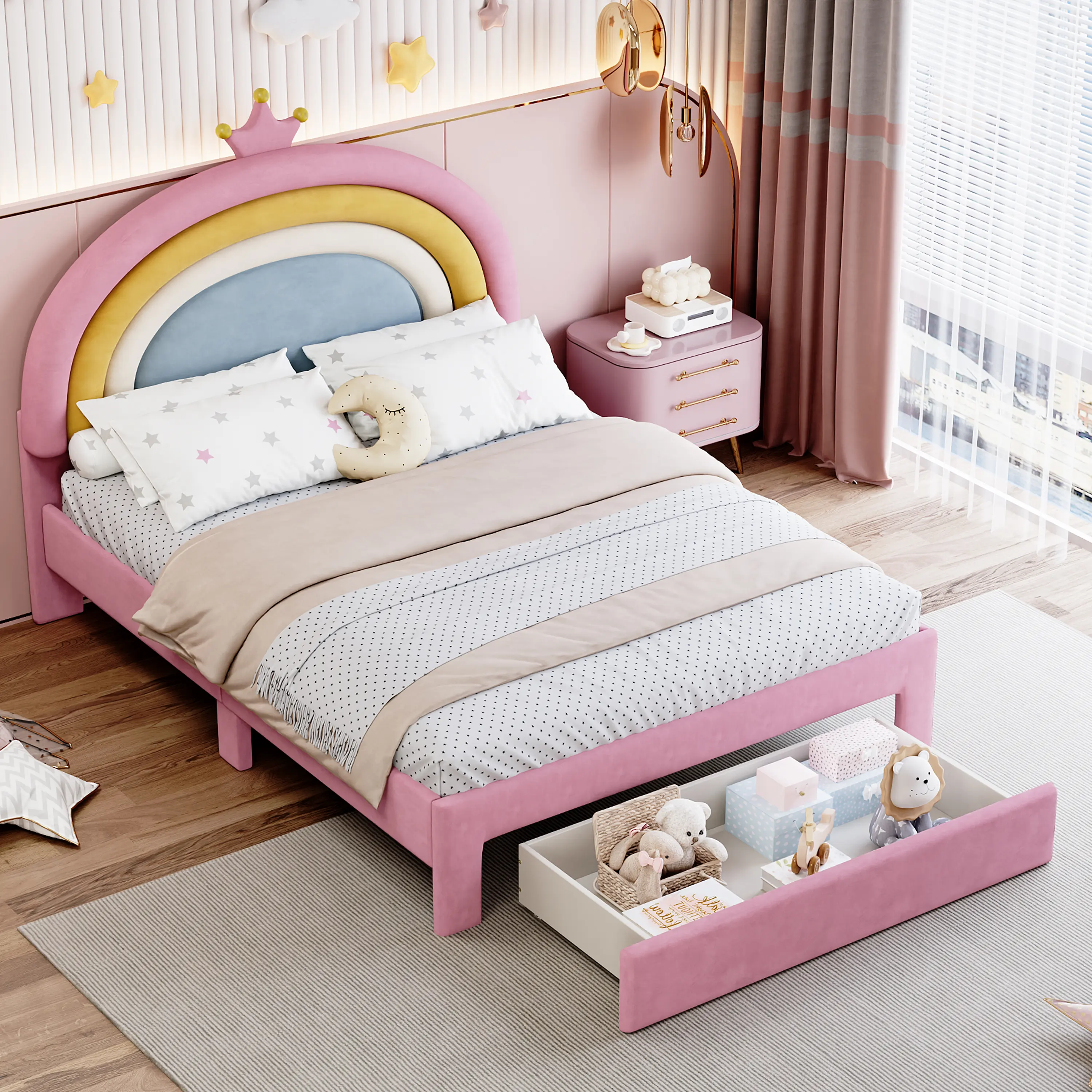 Full Size Bed Frame for Kids, Rainbow Design Upholstered Platform Bed, Velvet Princess Bed with Drawer, Full Size Rainbow Bed Frame for Girls, Pink
