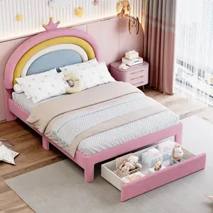 Full Size Bed Frame for Kids, Rainbow Design Upholstered Platform Bed, Velvet Princess Bed with Drawer, Full Size Rainbow Bed Frame for Girls, Pink