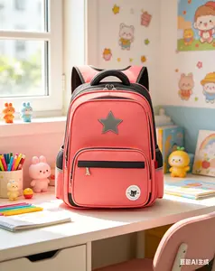 Star & Cat Print Pink School Backpack for Kids