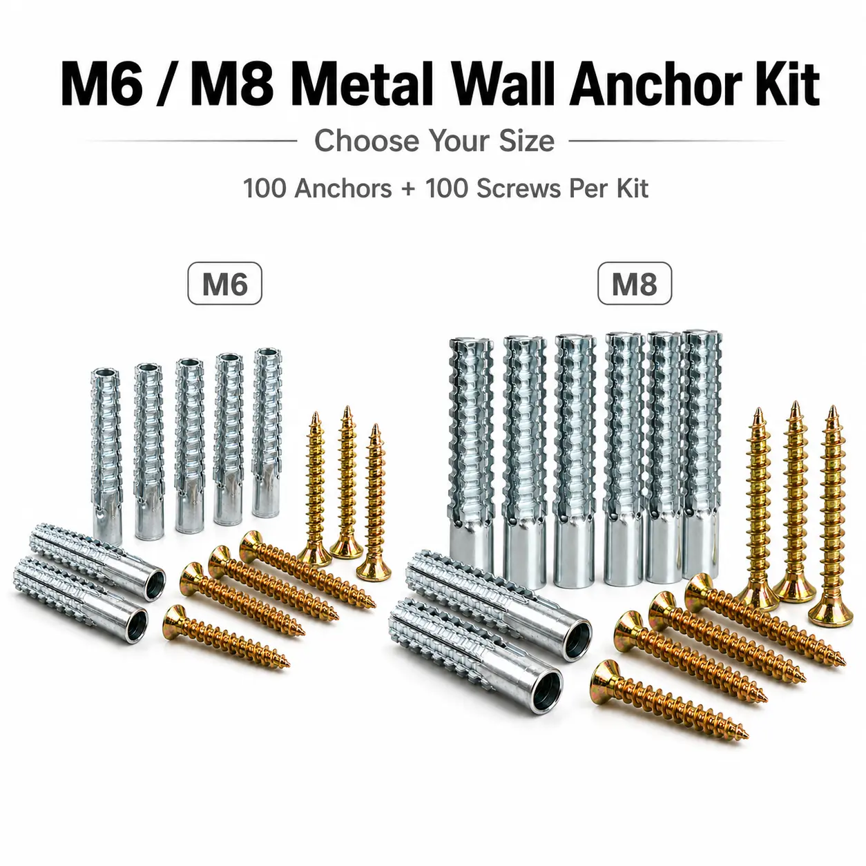 M6 M8 Metal Wall Anchor and Screw Kit, Heavy Duty Hollow Wall Anchors with Matching Screws for Drywall, Brick, Concrete, Wood Wall, Home Repair
