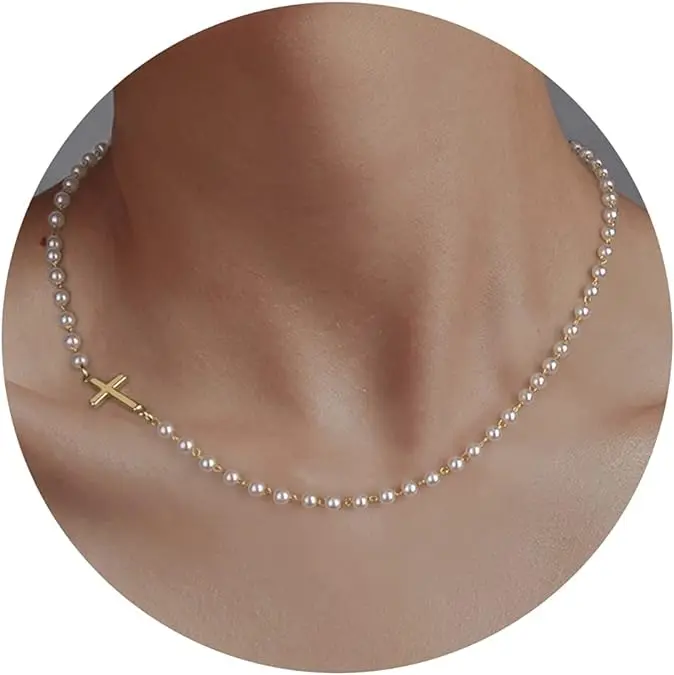 Moodear Simple Cross Pendant Choker Necklace Dainty Simple Tiny Pearls Cross Necklace For Women Girls For Christmas Gift All-match & Exquisite Jewelry gift Back To School