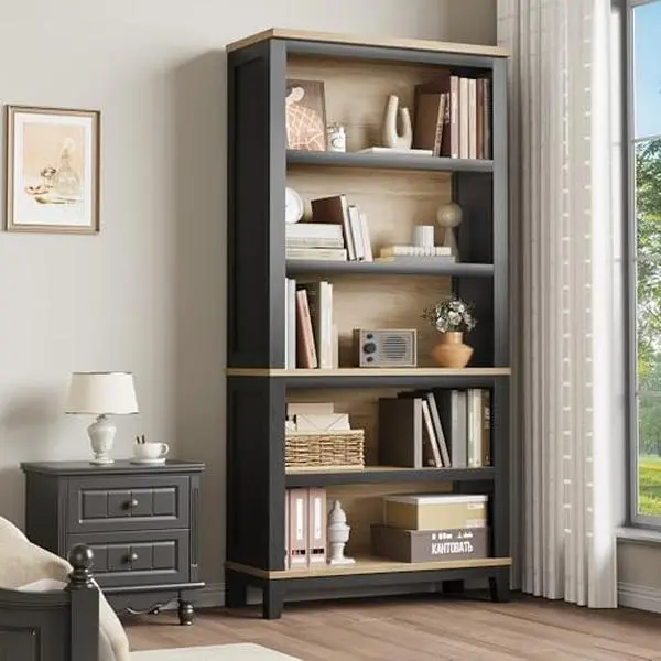 71" Farmhouse Bookcase w/Adjustable Shelves & 31.5" Width, 5 Tier Tall Bookshelf with Wooden Legs, Rustic Vintage Book Shelf for Living Room Office Library
