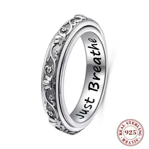 Spinner Fidget Ring S925 Sterling Silver Lotus Flower Yoga Just Breathe Anxiety Worry Band Oxidized Fidget Boredom ADHD Autism Rings For Women Men