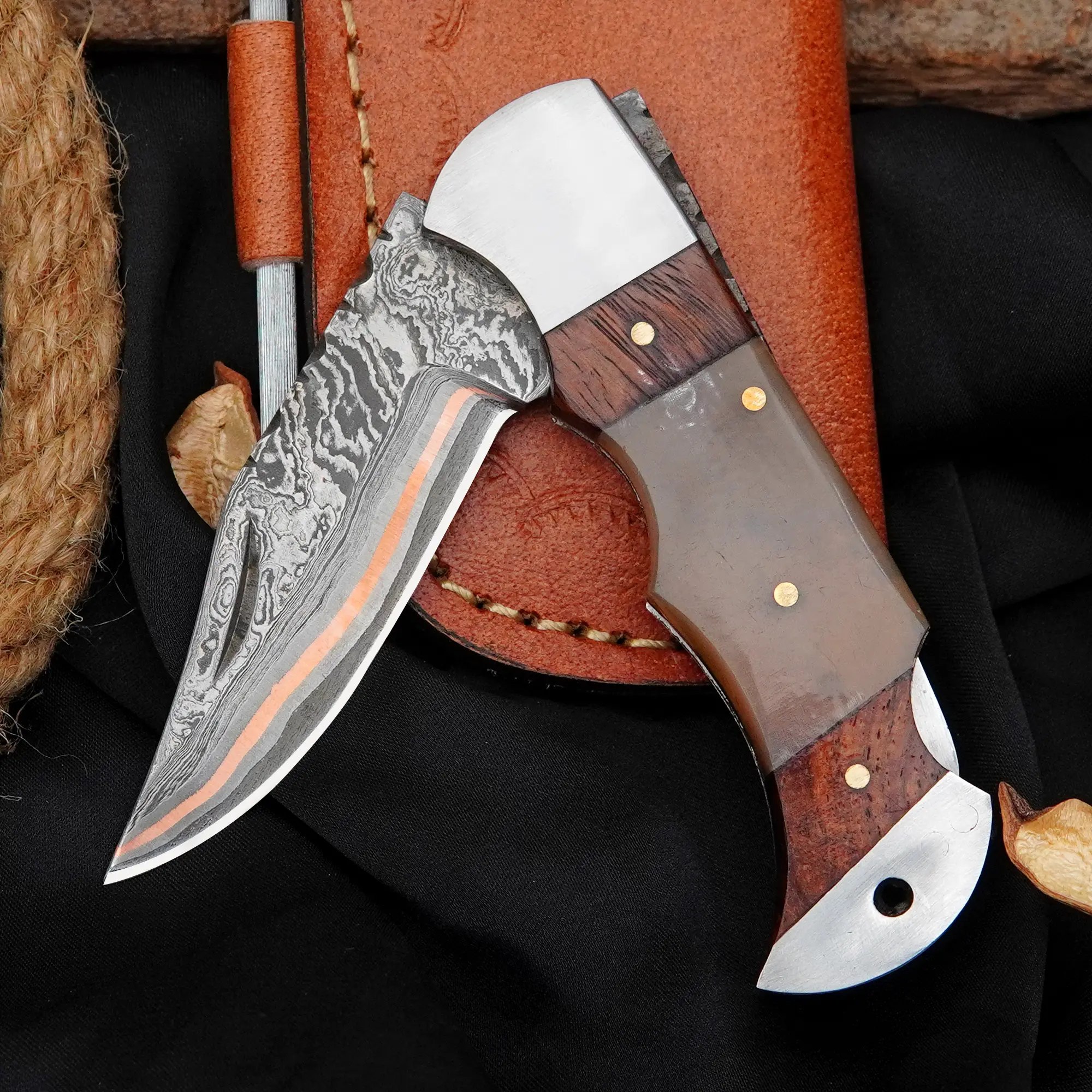 Handmade Copper Damascus Steel Pocket Knife With Ram Horn & Rosewood Handle Gift For Him Anniversary Groomsman Gift