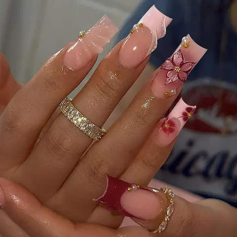 24pcs Medium Square Press-On Nails, 3D Gel Petals, Embedded Steel Beads and Pearls, Glossy Acrylic False Nails, Fake Nails Set for Women and Girls, Flower Nails, Nail Art Supplies