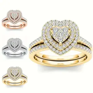 Two-piece zircon ring set, heart-shaped rings, for women to wear as a daily gift.