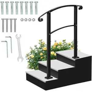 Step Hand Rail Compatible with 2-3 Steps Handrails for Outdoor Steps Adjustable Steel Railing for Stairs Heavy Duty Black Powder Coated