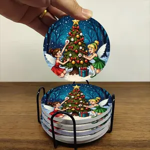 6-piece ceramic coaster set, themed around Christmas elves and colorful trees in a snowy winter forest. Heat-resistant, non-slip coasters with racks, perfect for home, dining, and as beverage mats.