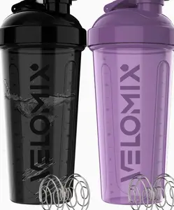 VELOMIX -2 Pack- 28 oz Protein Shaker Bottles for Protein Mixes - 2x Wire Whisk | Leak Proof Shaker Cups for Protein Shakes | Protein Shaker Bottle Pack (Black/Transparent)
