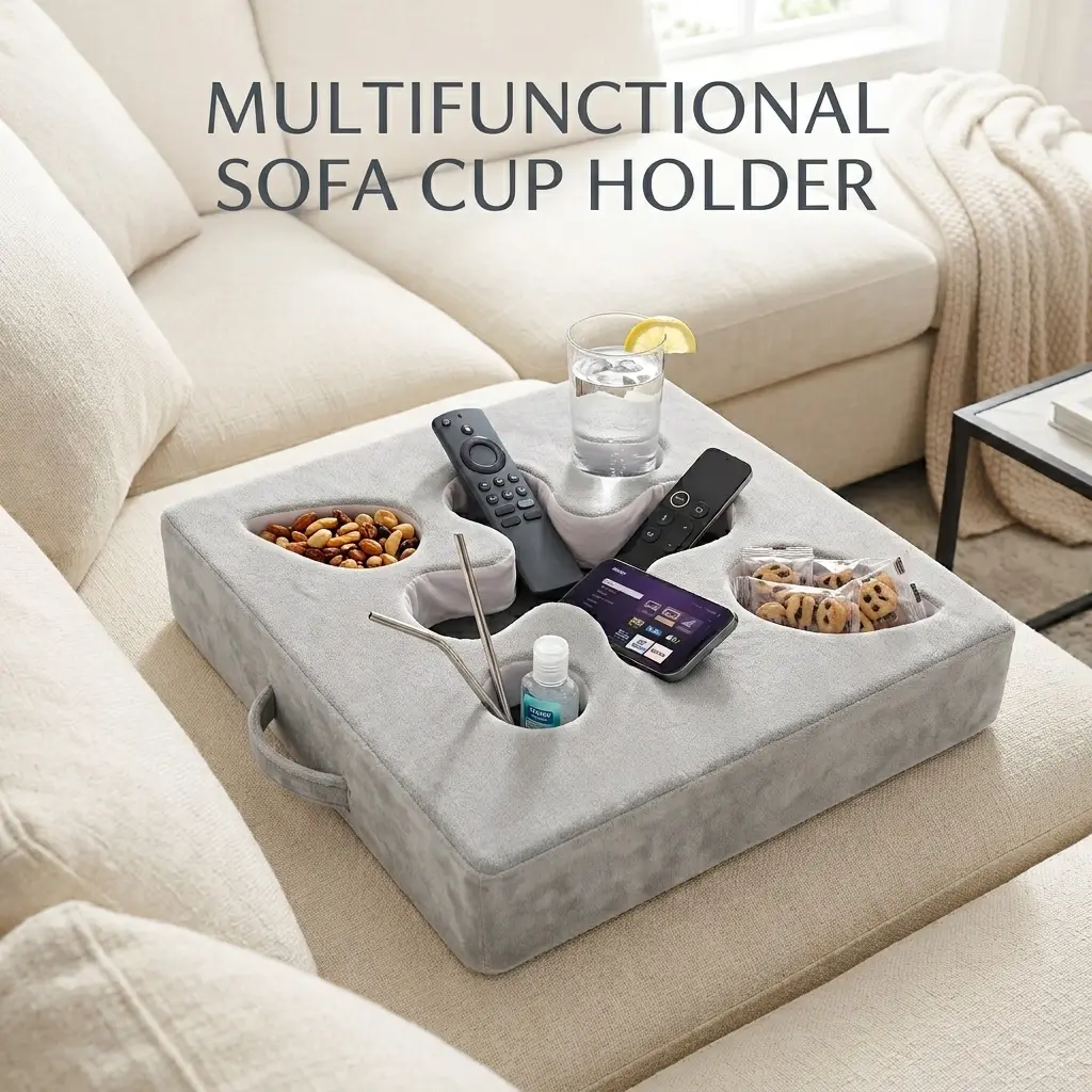 Classic Soft Fabric Multi-Compartment Sofa Cup Holder Pillow - Multifunctional Home Organizer with Compartments for Car, Recliners, Dorm Rooms, Holds Drinks, Snacks, Phones, Remotes
