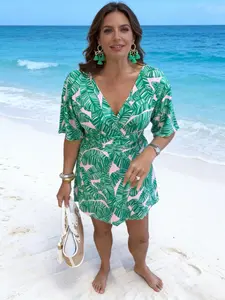 Womens Tropical Leaf Print Romper V Neck Drawstring Waist Casual Vacation Jumpsuit New Year Party Valentines Day Holiday