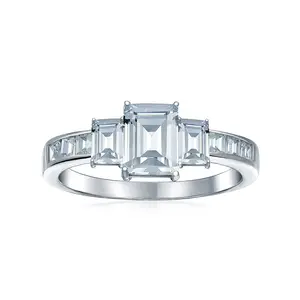 Three Stone Promise Engagement Ring 2CT Emerald Cut Past Present Future .925 Sterling Silver