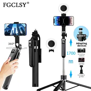 1.7m Selfie Stick Tripod with Fill Light & Wireless Remote – 360° Rotation for Smartphones