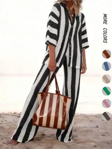 Women's Colorblock Striped Print 2 Pcs Holiday Outfit Hollow Out Sweater Co-ord Set, Casual Button Front Shirt & Wide Leg Pants Set, Women's Knitwear for Daily Wear, Women Knitted 2-Piece Set, Womenswear