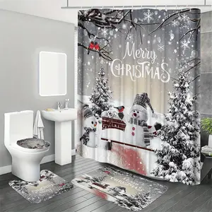 Christmas Themed Bathroom Decorations, 4 Counts/set Including Shower Curtain & Toilet U-shape Mat & Bath Mat & Toilet Lid Cover, Bathroom Accessories