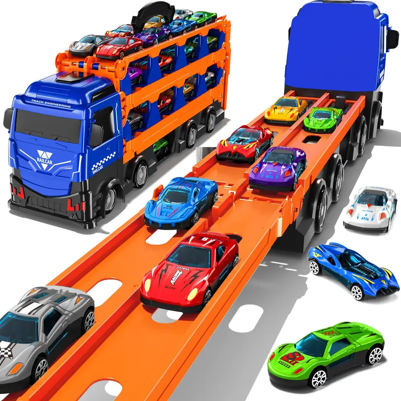 78/59IN Large Transport Truck Toy with 12 Mini Cars Double Track Foldable and Launchable Race Car Toy Birthday Christmas or New Year Gift