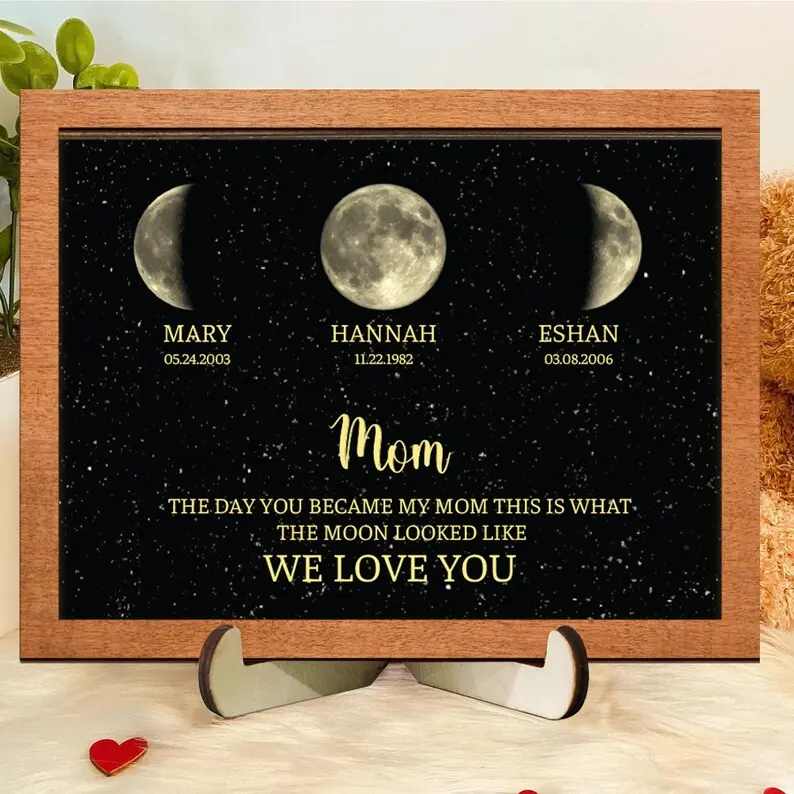 Personalized Moon Painting With Child’s Name, Special Mother’s Day Gift, “The Day I Became A Mother” Printed With The Moon Phase Of That Day, Cute And Meaningful Decorative Painting Photo Artwork