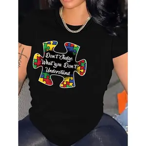 [100% Polyester Autism T-Shirt] Women'S Casual Polyester T-Shirt with Autism Awareness Puzzle Print, Crew Neck Short Sleeve Top, Regular Fit Knit Fabric Tee for All Seasons - 100% Polyester 180g/m²