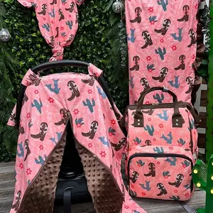 Cactus Printed On Turquoise Car Seat Cover & Brown Minky & Western Boot & Flowers Printed.