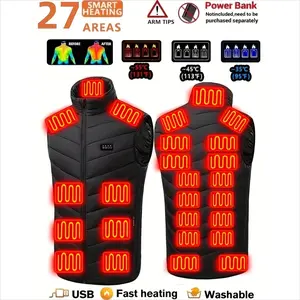 Unisex smart USB heated vest for winter, 27 heating zones, keeps warm and protects against the cold, stand-up collar design, suitable for autumn and winter outdoor activities, black solid color, stylish and versatile,Gift