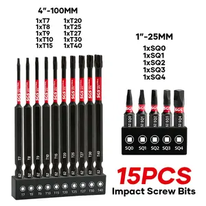 15 Pcs Industrial Grade Torx/Square Screwdriver Bits Set- S2 Alloy Steel Anti-Slip Magnetic Drill Bits, Impact And Wear-Resistant, Universal 1/4" Hex Shank With Black Rust-Proof Base, Fit For Woodworking, Handicrafts, Manufacturing Tools