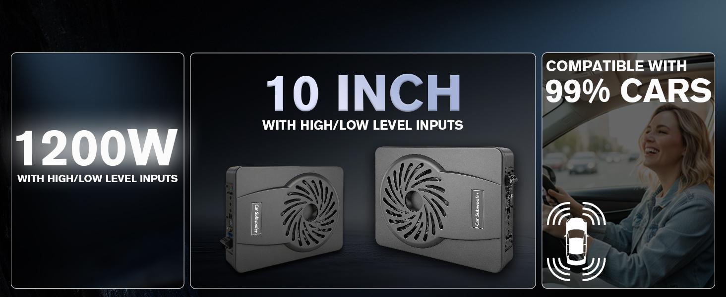 10 inch 1200W ultra-thin under-seat active car subwoofer, efficient heat dissipation, slim appearance