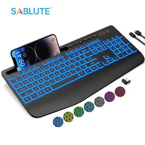 SABLUTE Wireless Keyboard with 7 Color Backlights, Wrist Rest, Rechargeable Ergonomic Design, Silent Typing, Phone Holder, Full-Size for Windows, MacBook, PC, Laptop(non-bluetooth)