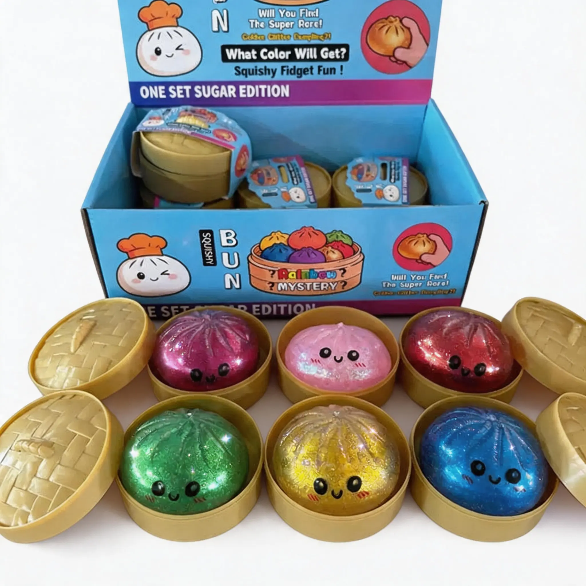 Jumbo Dumpling Squishy - TPR Softness Squishies Toys, Cute Glitter Rainbow Stress & Anxiety Relief Fidget Toy with Steamer Box, Valentine’s/Easter Gifts for Children Gift Exchanges