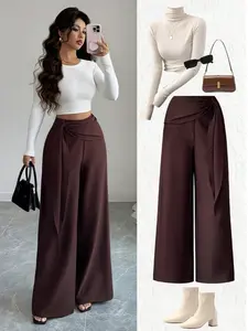 New Women's Woven Twill Side Zip Belt Flounce Design Spring Autumn Wide Leg Pants, Casual Elegant Daily Wear Long Trousers