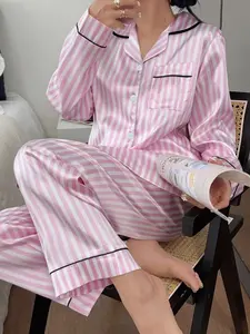 Women's Striped Button Front Shirt & Elastic Waist Pants Set, Soft Fabric Long Sleeve Casual Loungewear for All Seasons