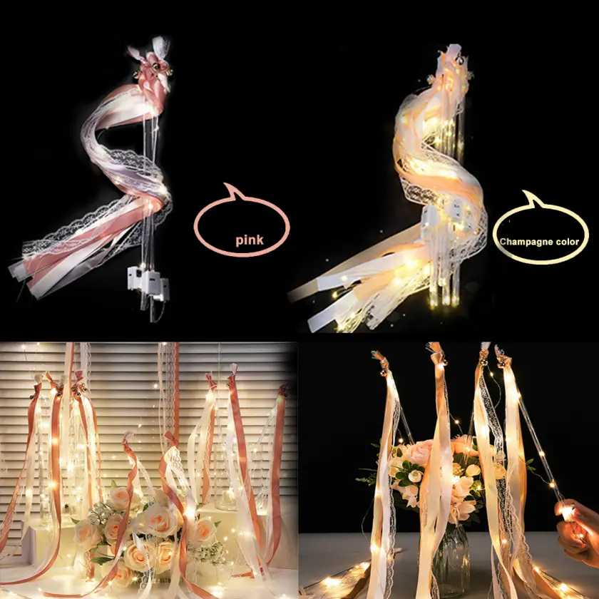 MICRENCY 30pcs 18.5in Wooden LED Silk Fairy Wands - Sturdy Wood for Safe Grip, Satin Ribbon, Flowing Light, Bells, 18.5in Tinsel Glow, Party Decor Set, Souvenir Party Favors for Weddings, Graduation