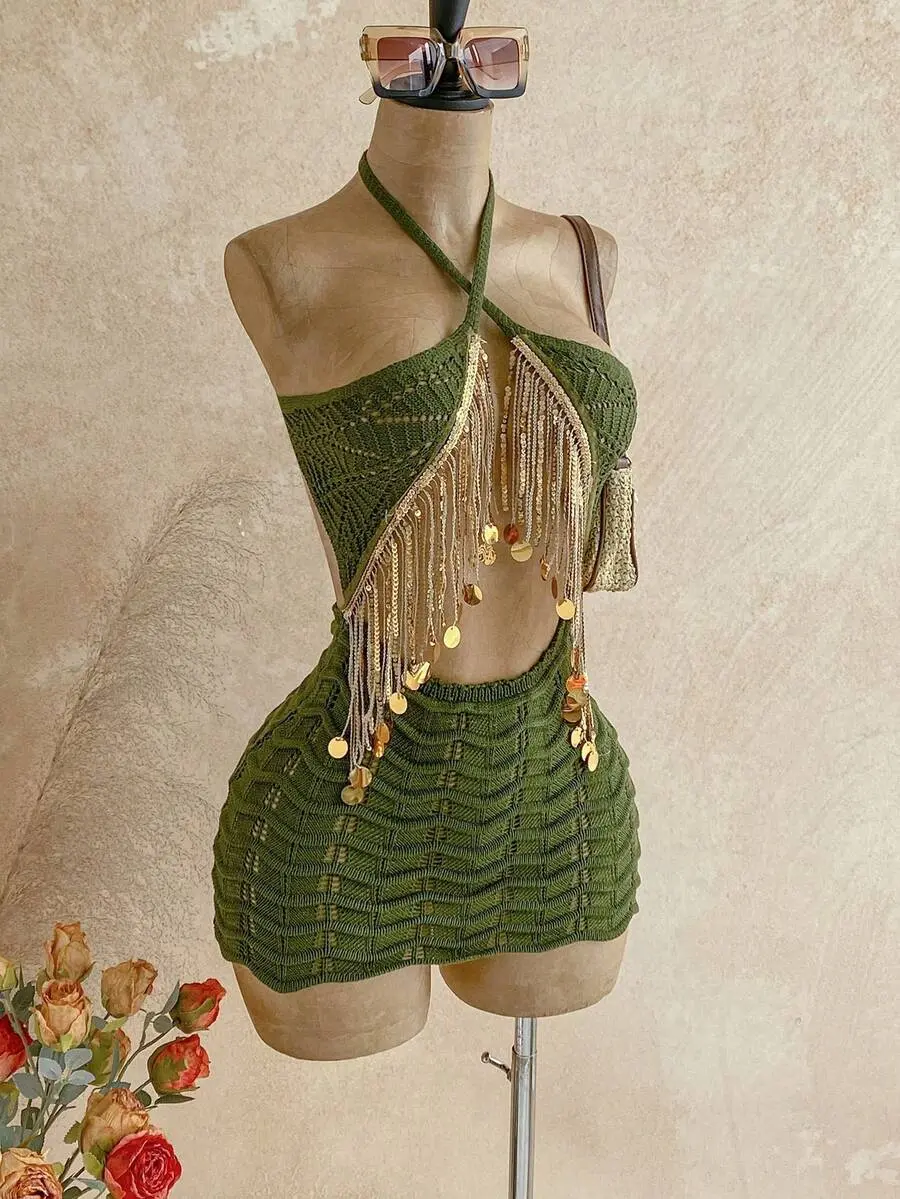 SEELEN Women's Vacation Beach Sequin Tassel Decor Backless Halter Mini Knit Dress