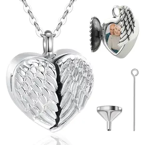 S925 Sterling Silver Locket Cremation Necklace with Angel Wings, Ashes Keepsake Pendant, Customize Photo Urn Jewelry, Memorial Gift for Loss