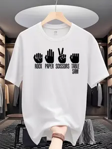 Trendy Summer Casual Wear for Men Featuring a Crew Neck Short Sleeve Tee with a Unique Digital Print of a Rock-Paper-Scissors Table Saw Design, Offering High Value, Affordable Quality, Skin-Friendly Fabric, And Quick-Dry Properties