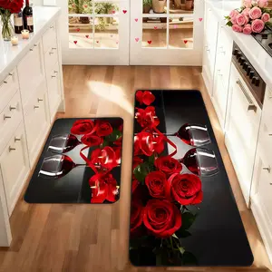 2 count Valentine's Day Kitchen Mat Set, Rose Flower Floral Pattern Rug Non-Slip Soft Low Height, Spring Summer Home Decor, Holiday Cooking and Celebration